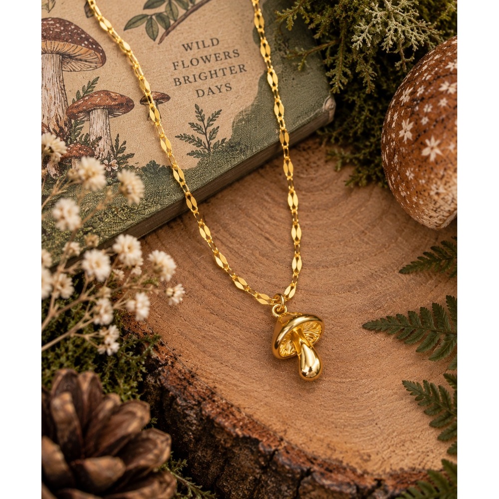 Gold Mushroom Pendant Necklace 18K Gold Plated Brass Toadstool Charm 18"